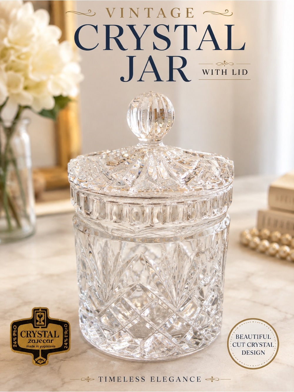 Vintage Crystal Zajecar, Lead Crystal Lidded Candy Jar
